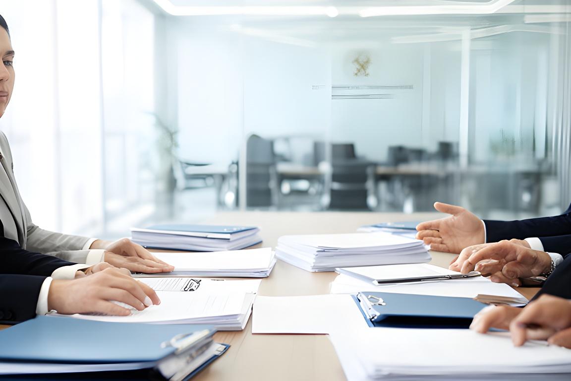 Studio legale luminoso con professionisti al lavoro su fascicoli e documenti in una sala riunioni moderna
